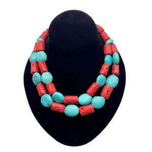 Vintage Native Turquoise & Coral Gemstone Multi-strand Nickel Silver Necklace